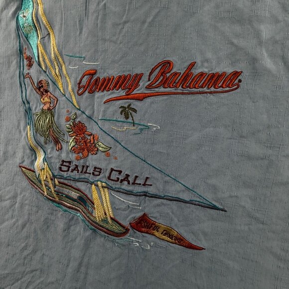 Tommy Bahama Sails Call Hula Girl Embroidered Hawaiian Shirt Blue 2XL Silk Adult - Picture 3 of 16